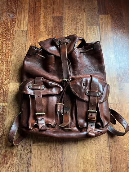 brown leather RRL backpack with pockets
