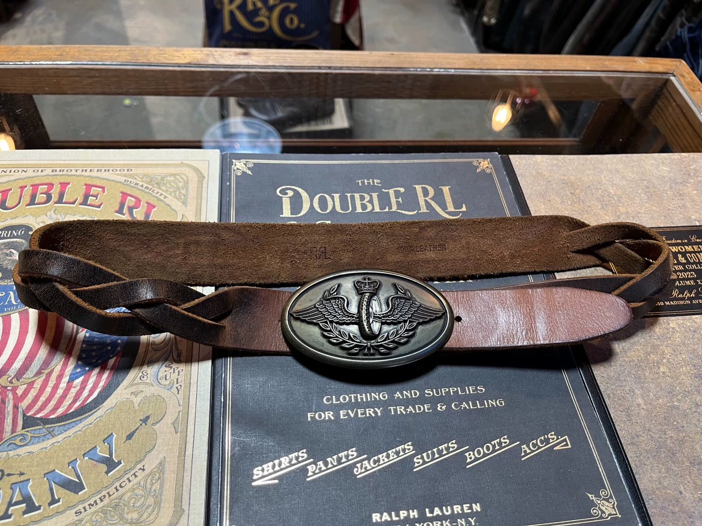 rrl leather woven buckle belt