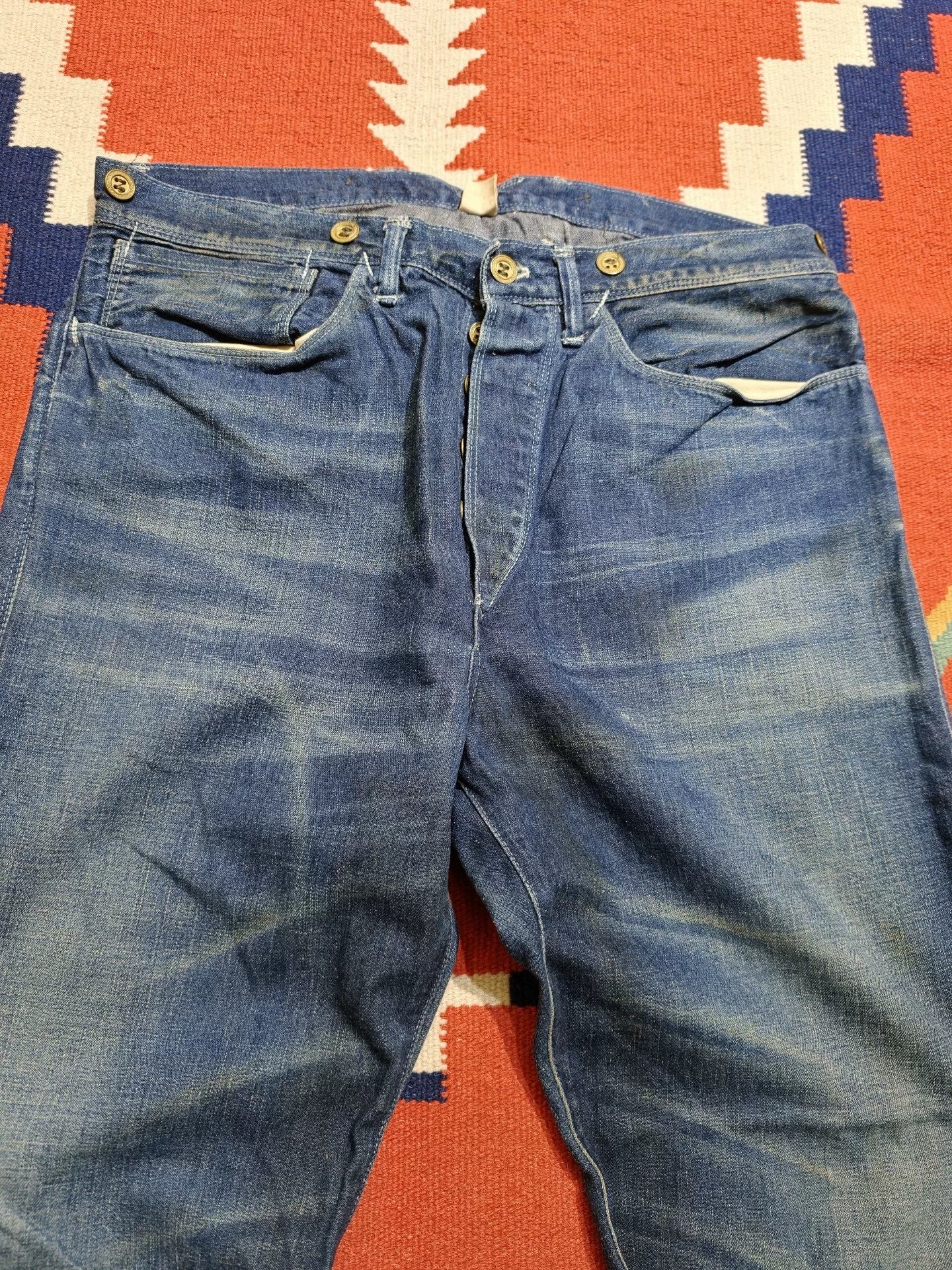 RRL Washed Distressed Gold Button Jeans