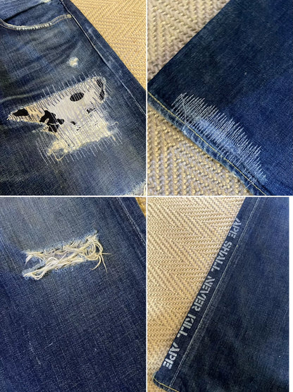bape type2 damage denim pants with patches