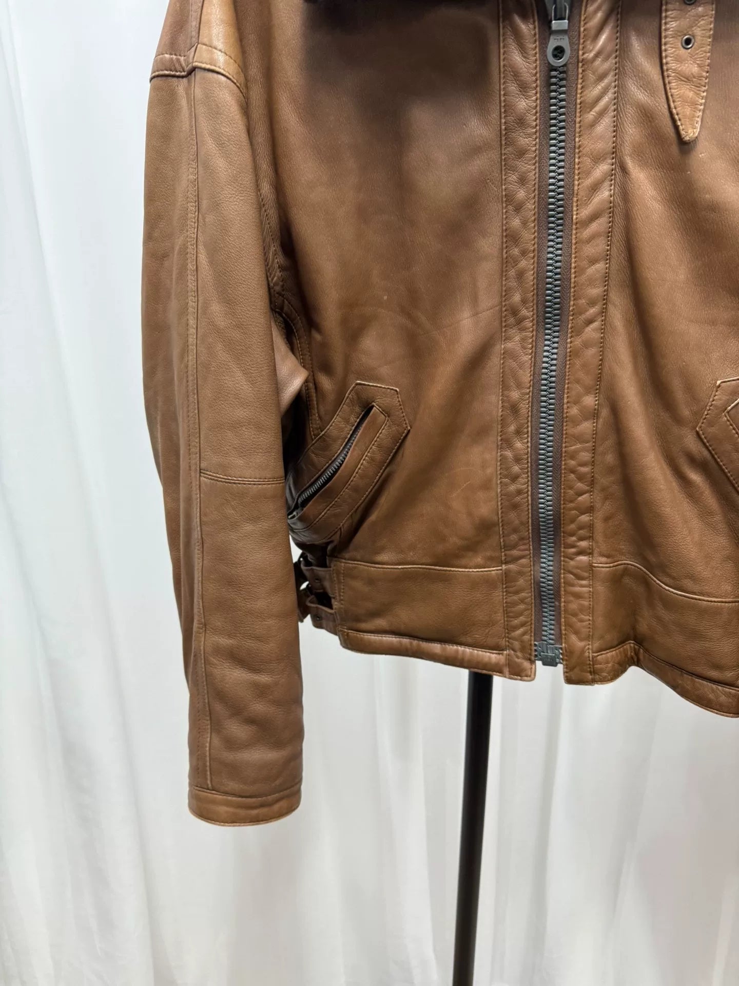 brown leather jacket with removable collar