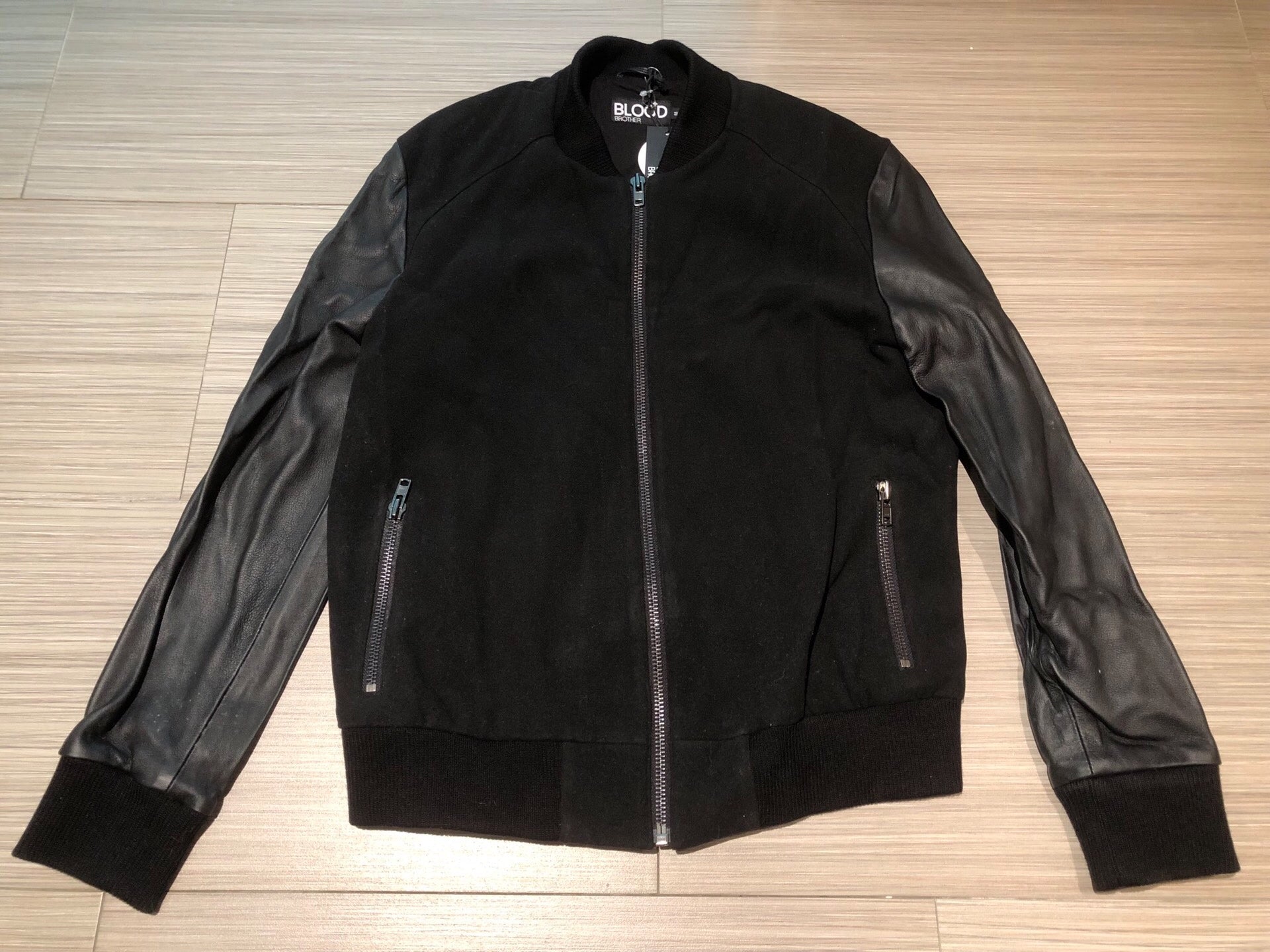 Blood Brother Black Leather Sleeve Bomber Jacket