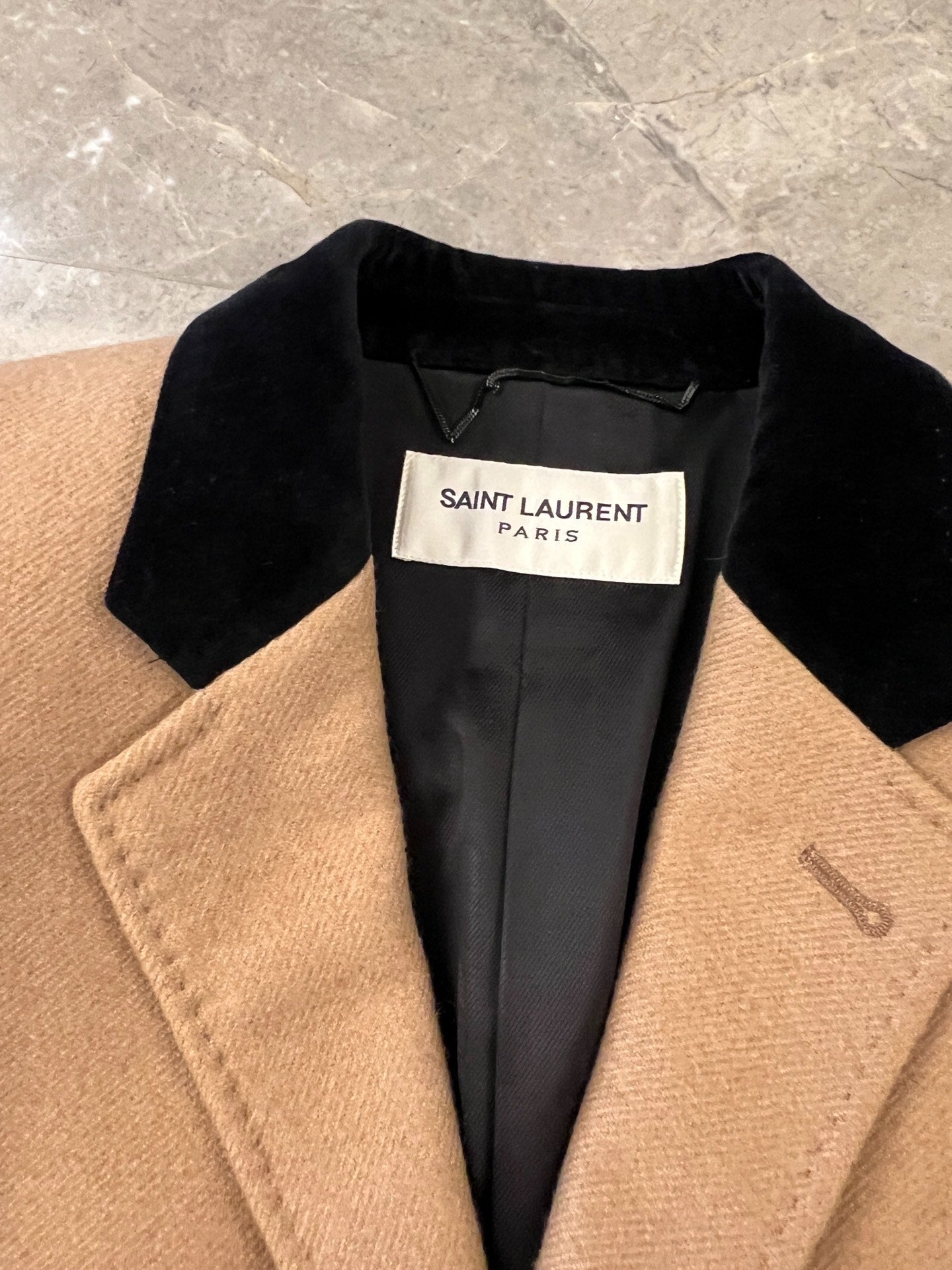 Saint Laurent Beige Velvet Collar Coat