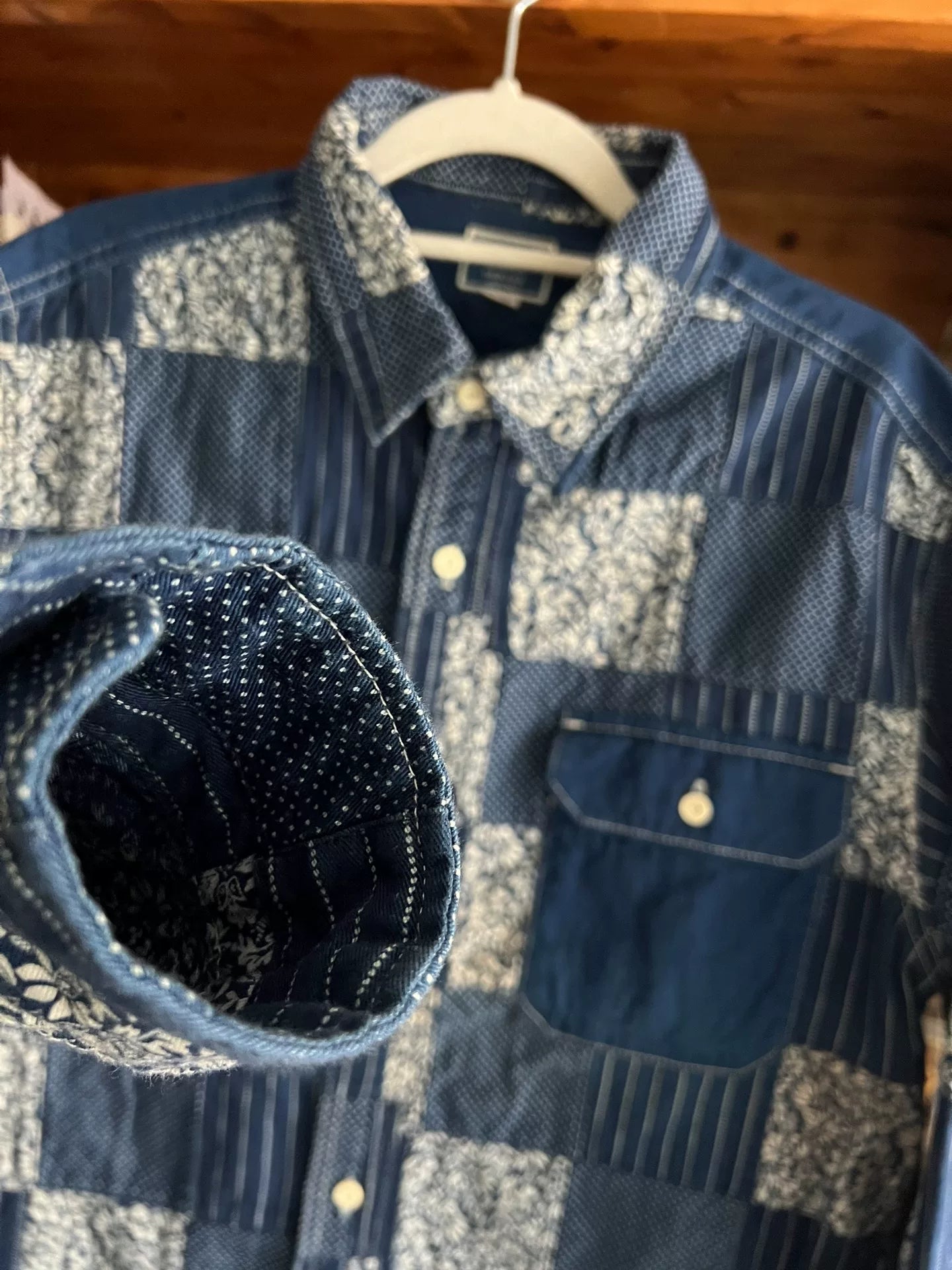 blue patchwork shirt with traditional dyeing