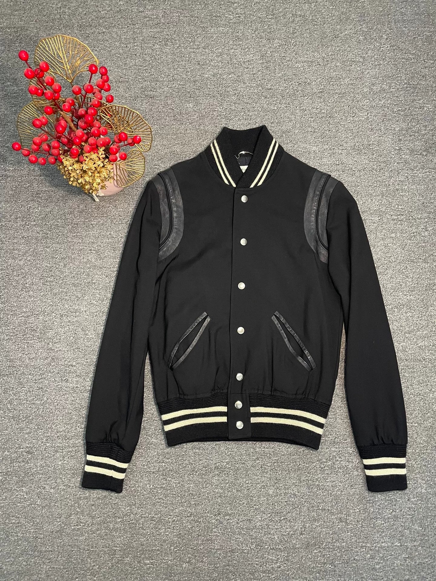 Saint Laurent Black Leather Accent Baseball Jacket