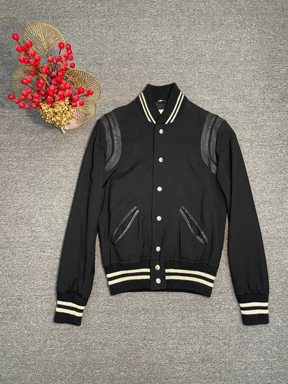 Saint Laurent Black Leather Accent Baseball Jacket
