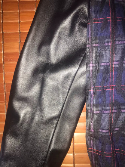 Versace Blue Plaid Leather Sleeve Jacket