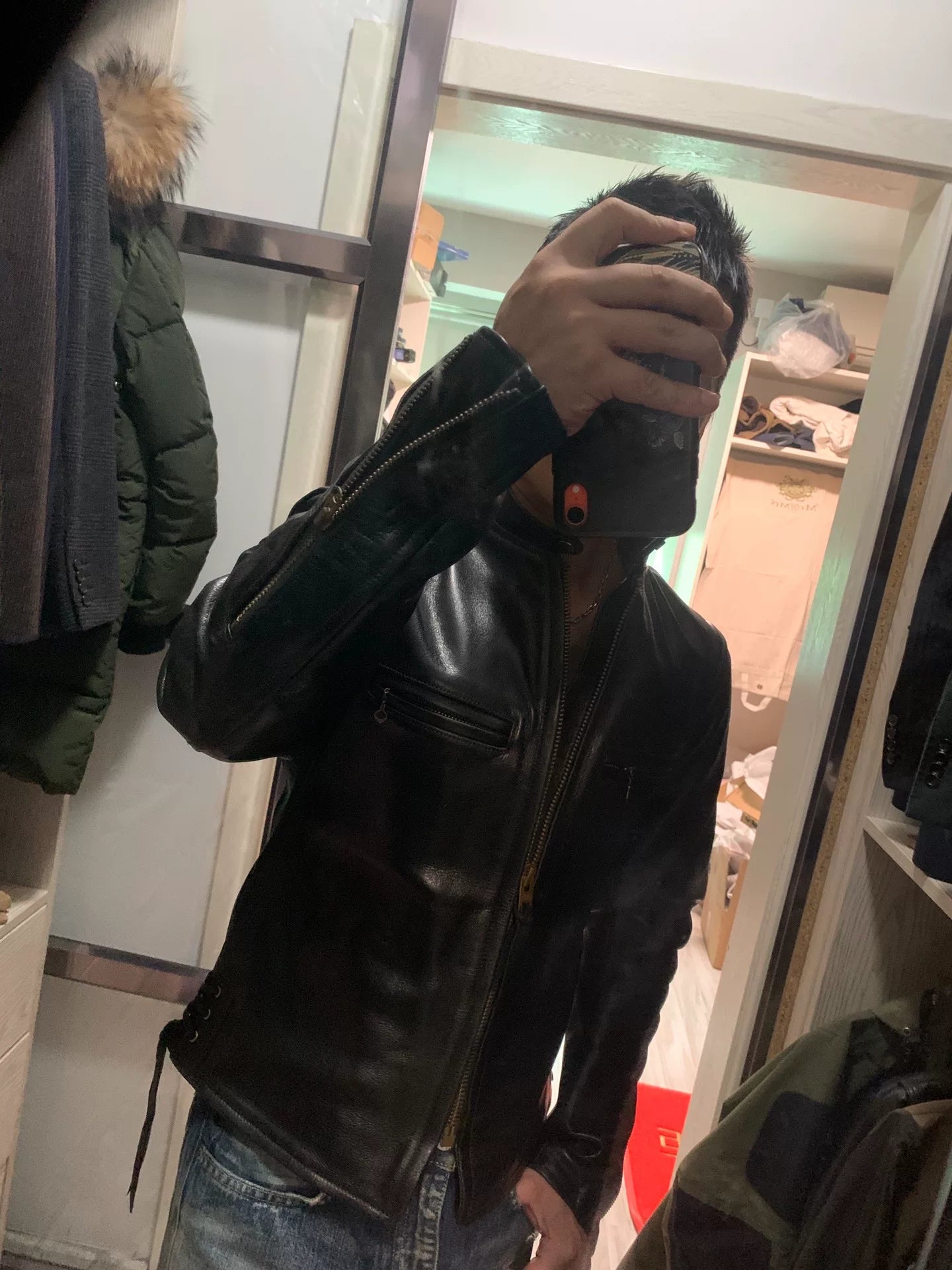 handcrafted leather biker jacket in size 38