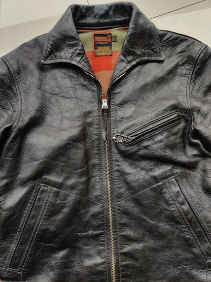 black leather jacket with snowflake pattern