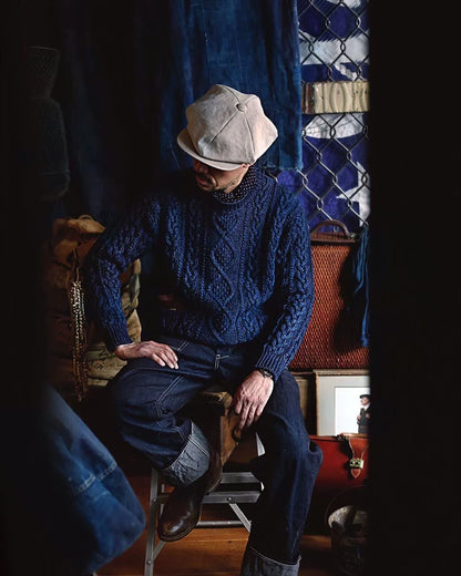 indigo aran crewneck sweater and hat set
