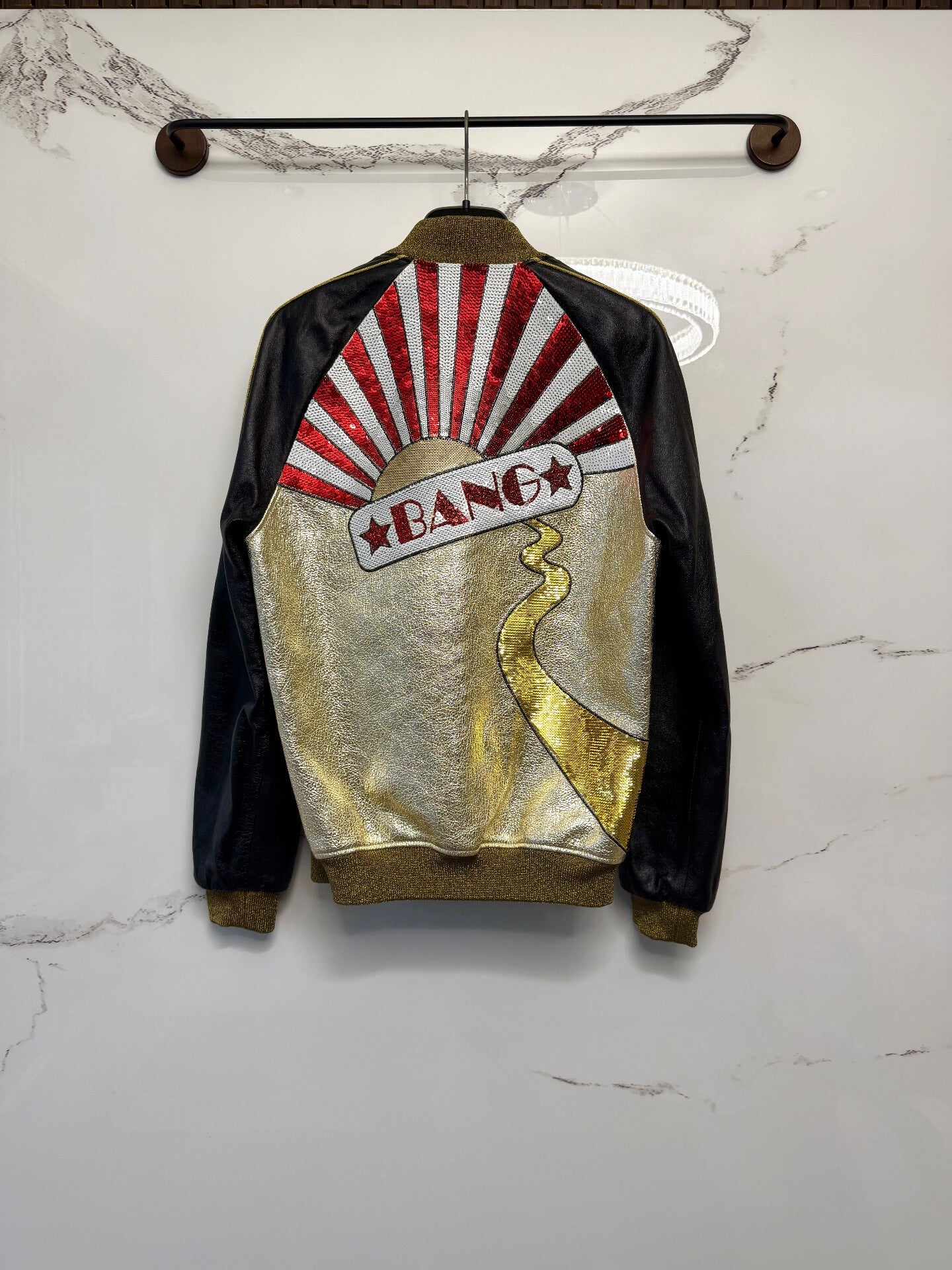 saint laurent gold and black baseball jacket