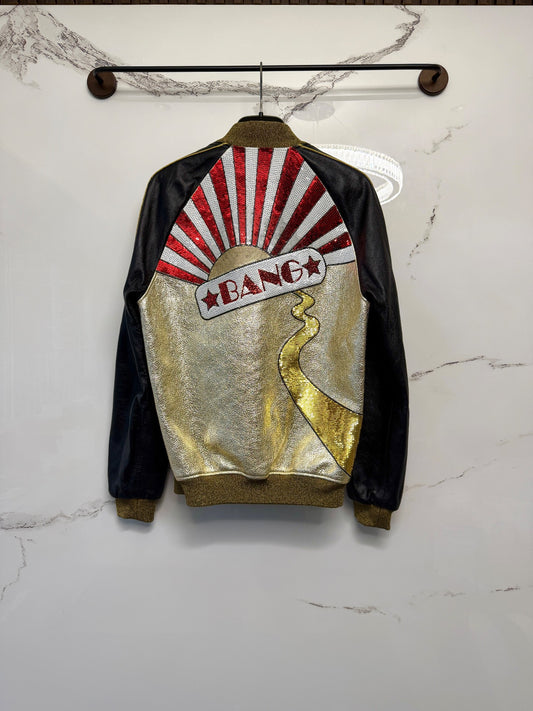 saint laurent gold and black baseball jacket