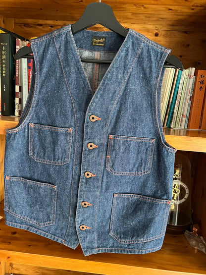 denim work vest with copper buttons