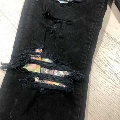 AMIRI Black Distressed Jeans with Floral Lining