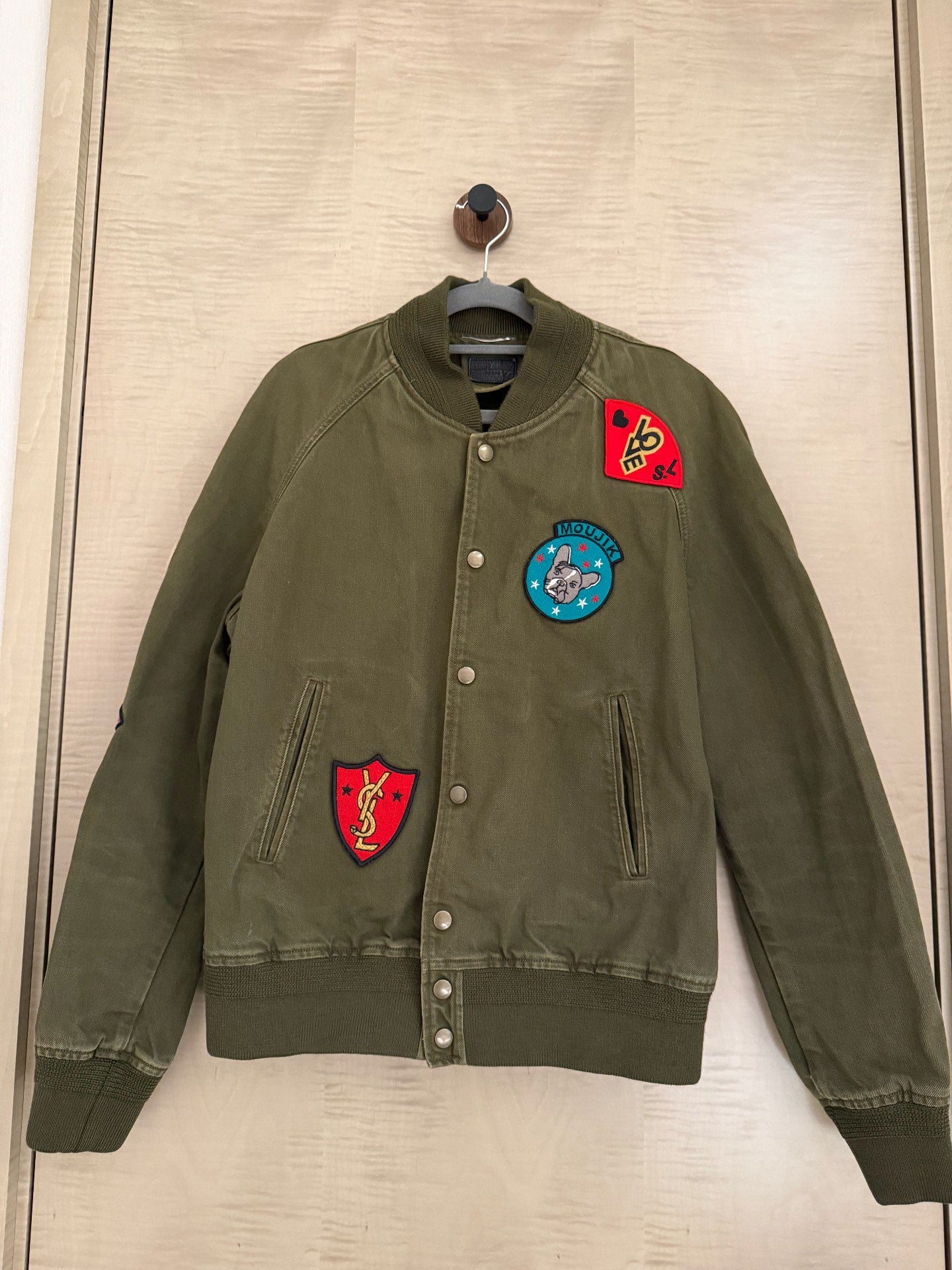 Saint Laurent Olive Green Patch Bomber Jacket