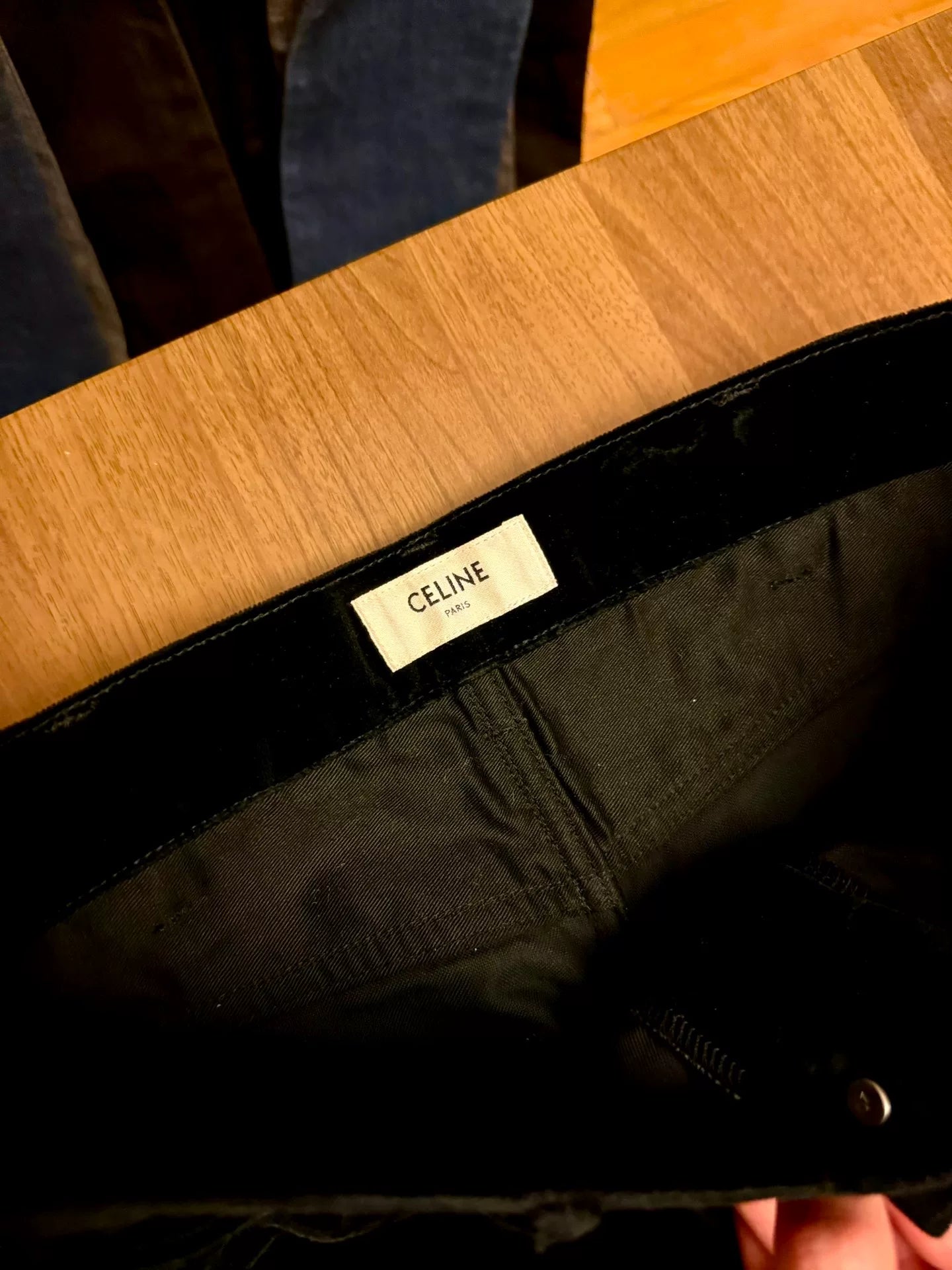 celine black velvet flared trousers