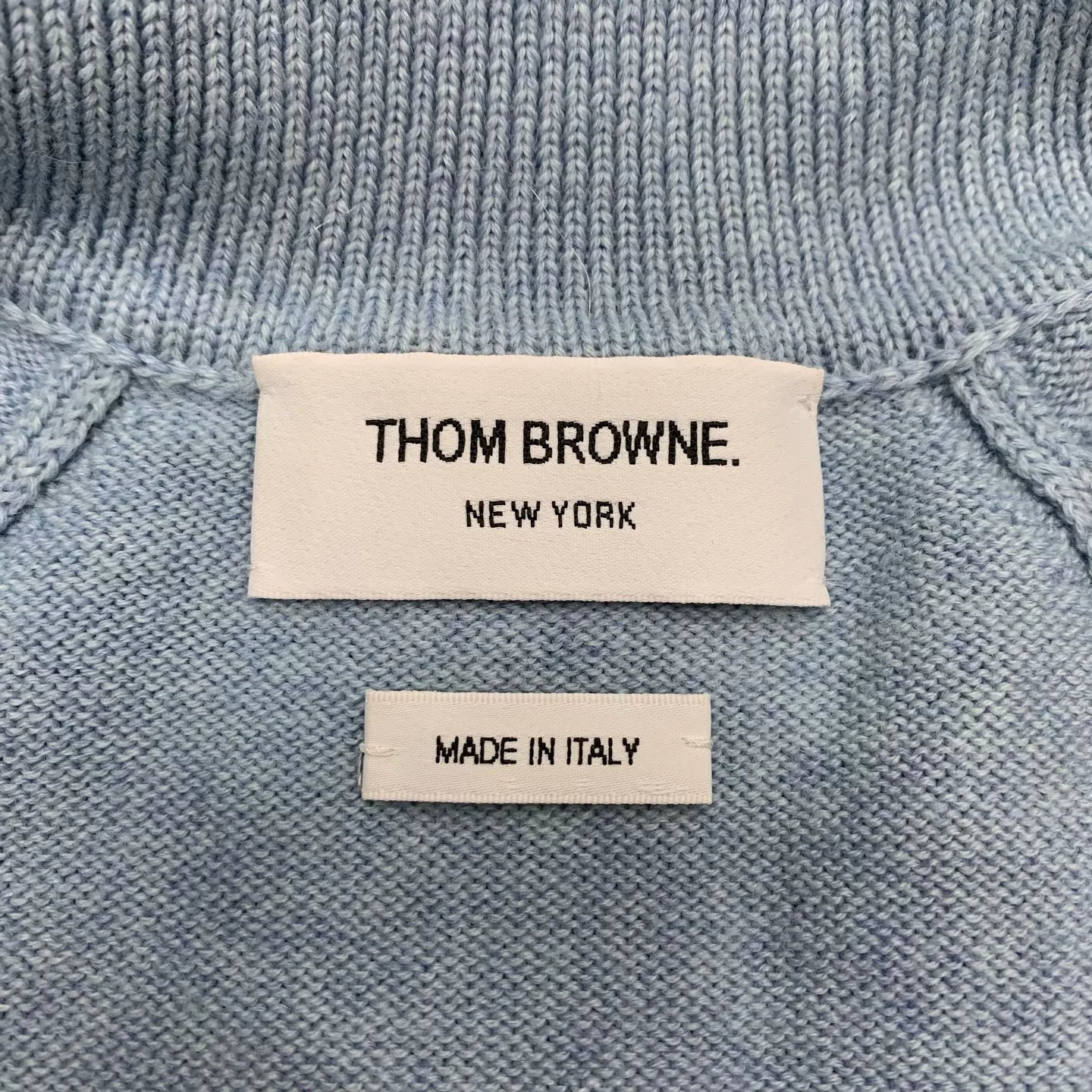 thom browne light blue striped wool cardigan