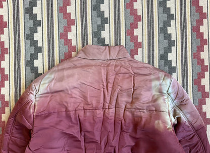 hand dyed puffer jacket in warm tones