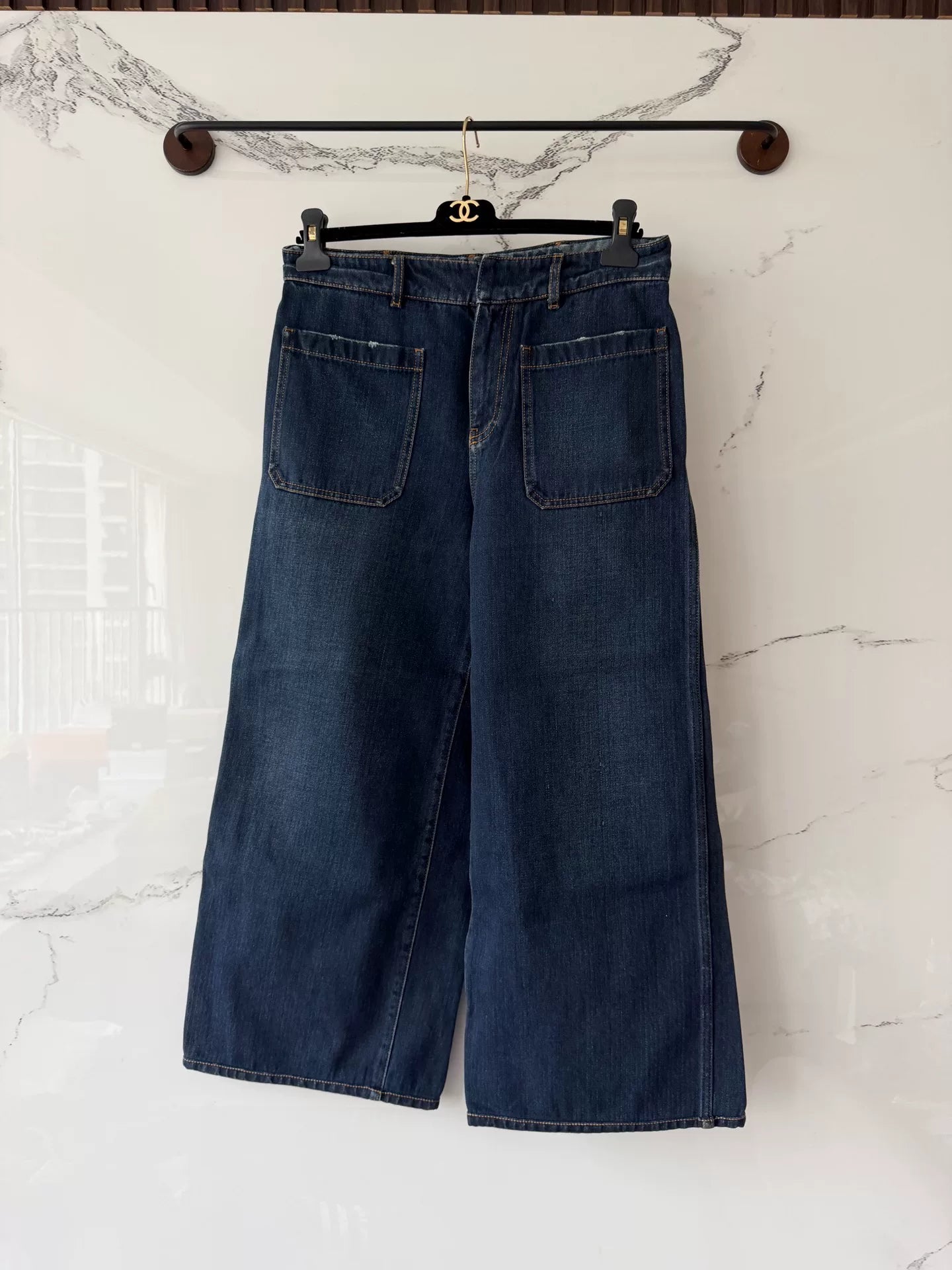 dior blue denim wide leg trousers