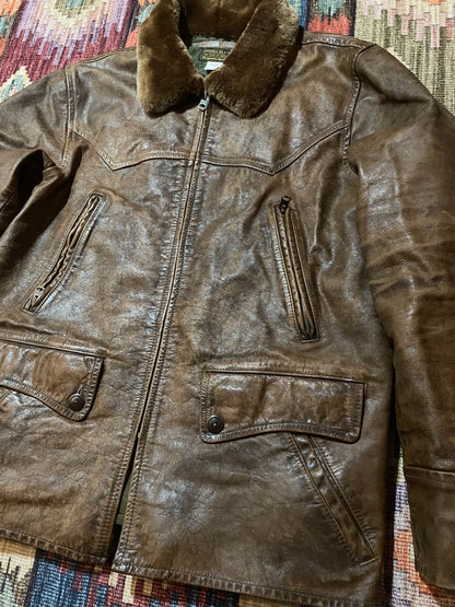 RRL Distressed Leather Jacket w/Fur Collar