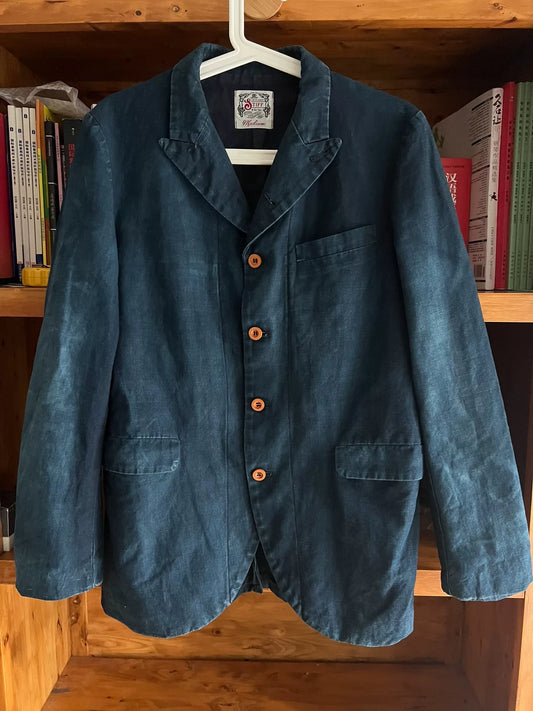 vintage blue dyed cotton linen blazer