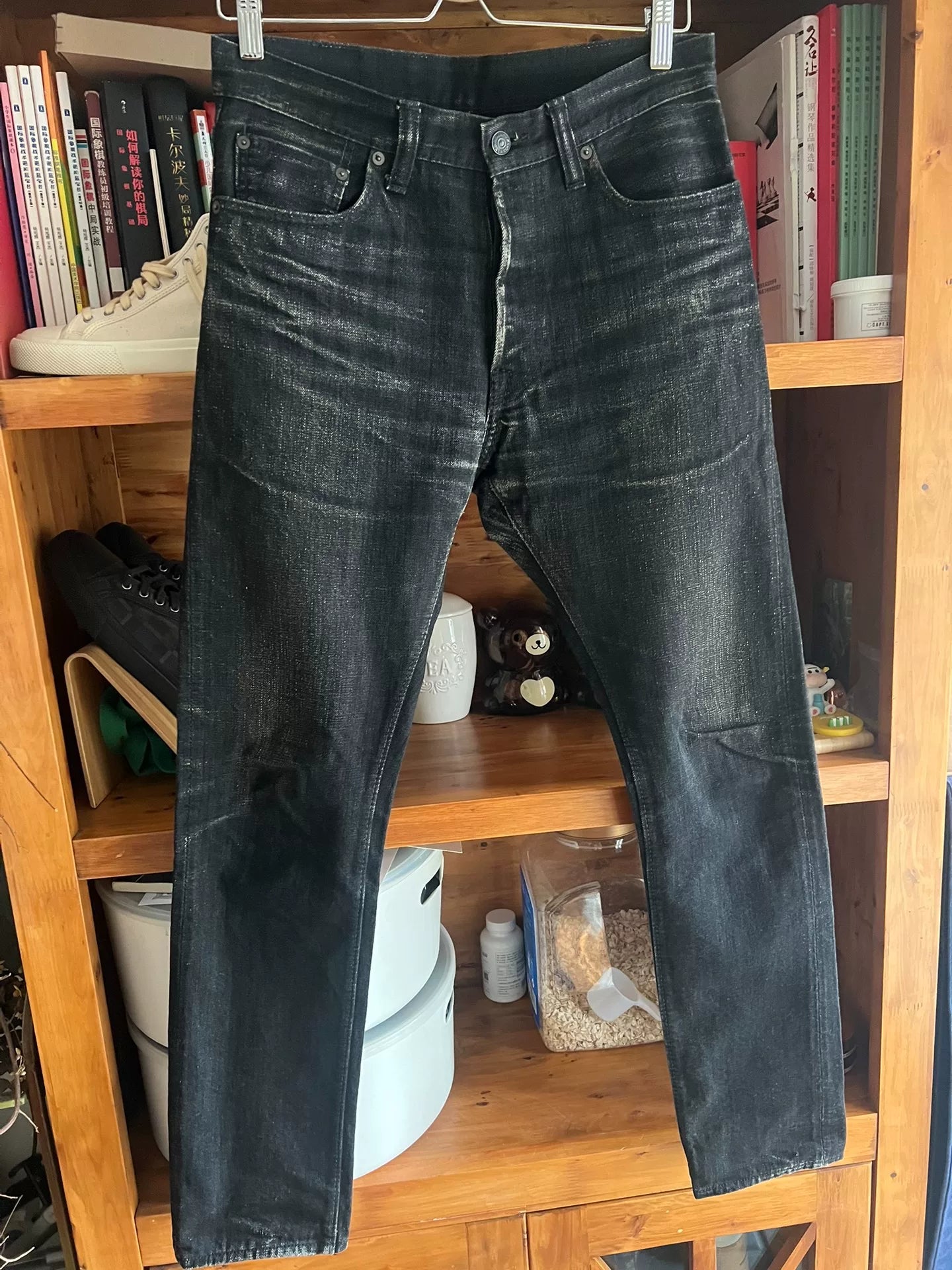 classic black denim jeans with red selvedge