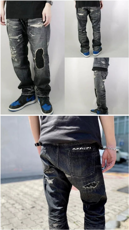 sequel fragment denim pants with distressing