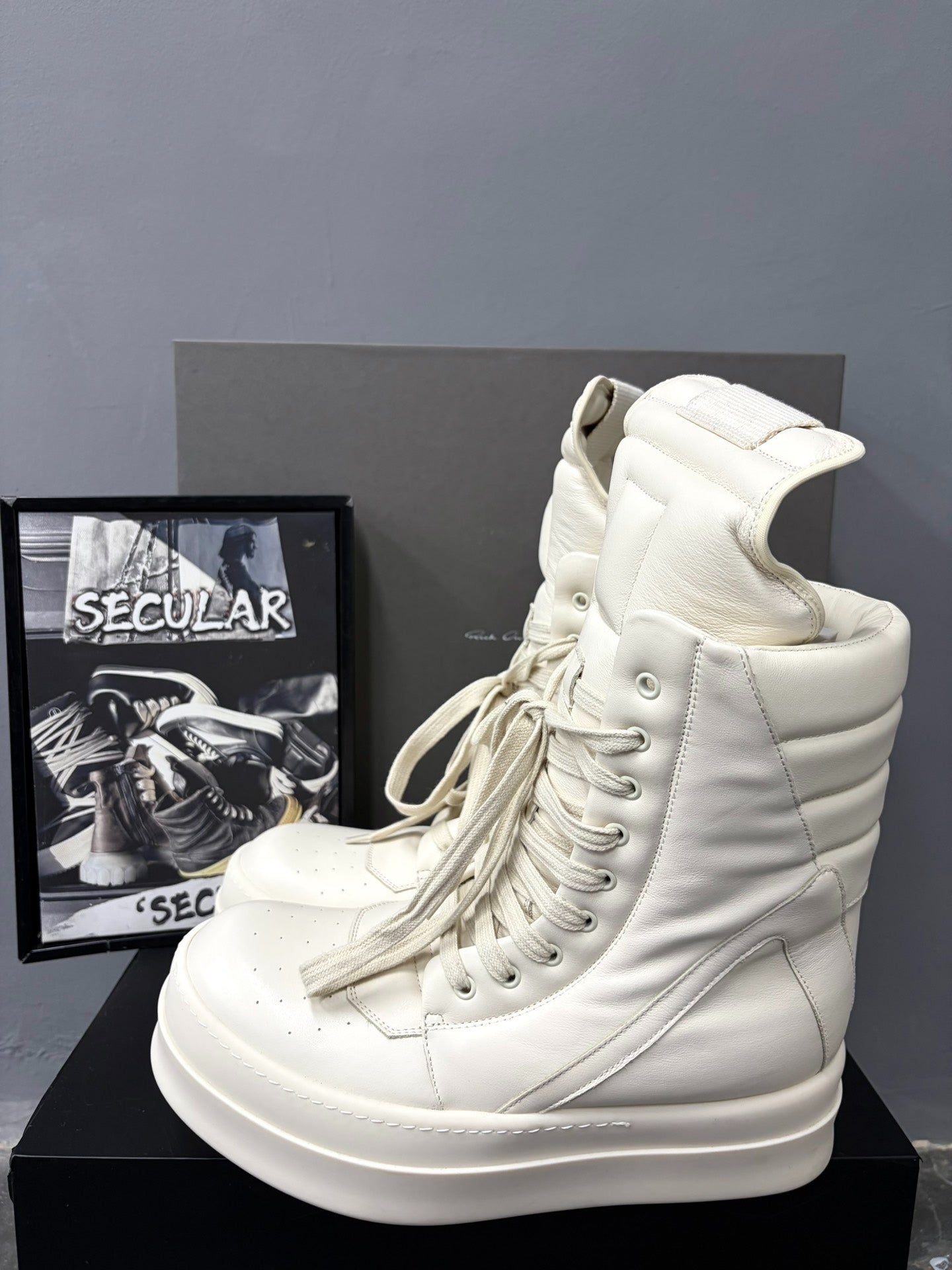 Rick Owens Mega Show Milk White Geobasket Boots