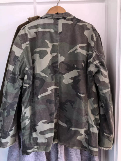 camo jacket with unique distressed details