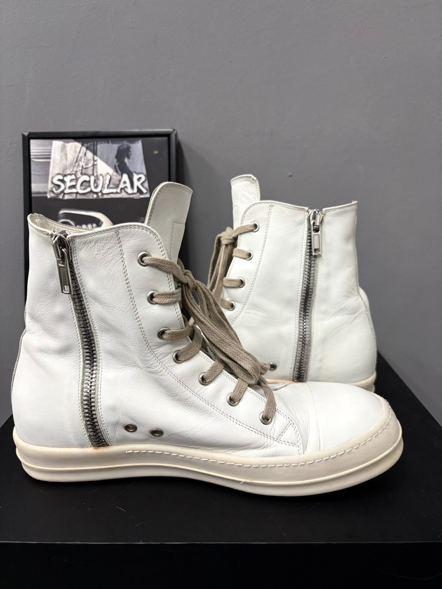 Rick Owens Leather White High-Top Sneakers