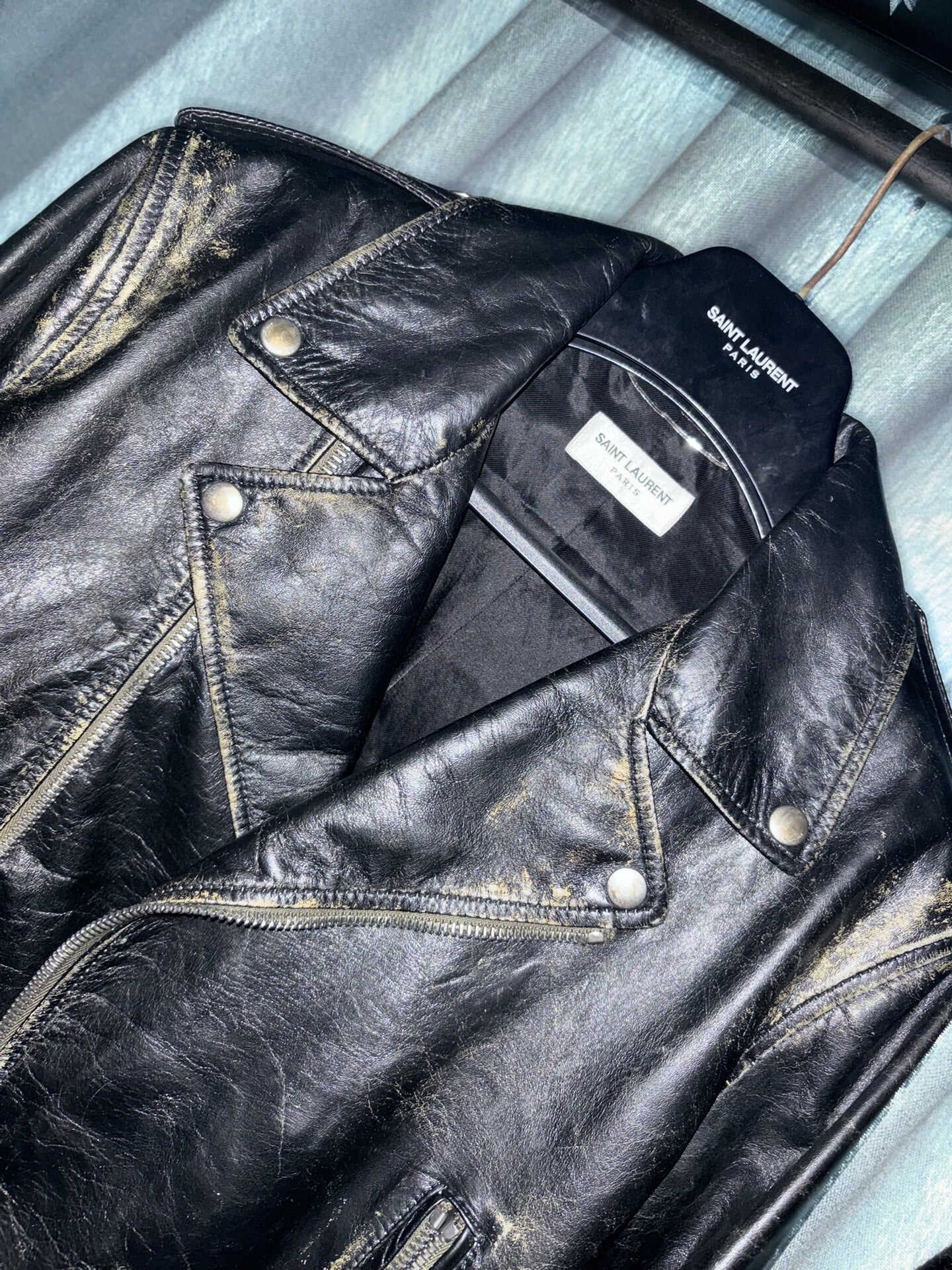 saint laurent distressed fringe leather jacket