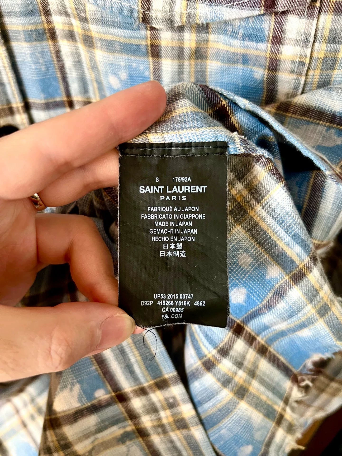 saint laurent blue distressed button-up shirt