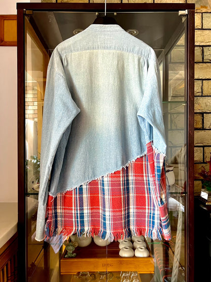 blue orange denim flannel henley shirt