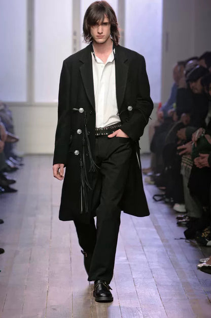 yohji yamamoto black trench coat with silver buttons