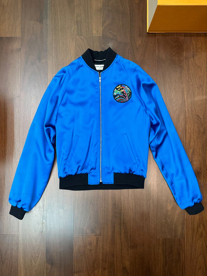 Saint Laurent Blue Satin Shark Bomber Jacket