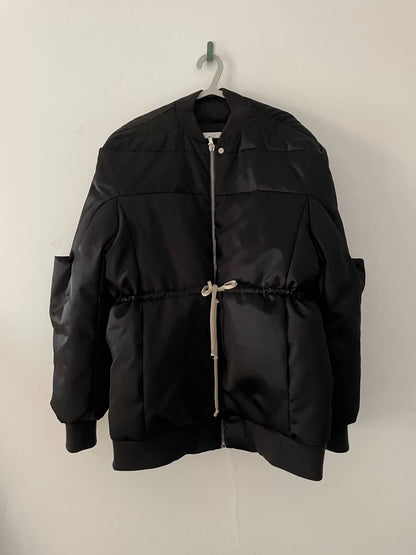 oversized black puffer jacket with waist tie