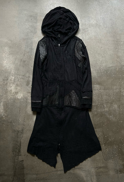 black patchwork hooded outerwear jacket