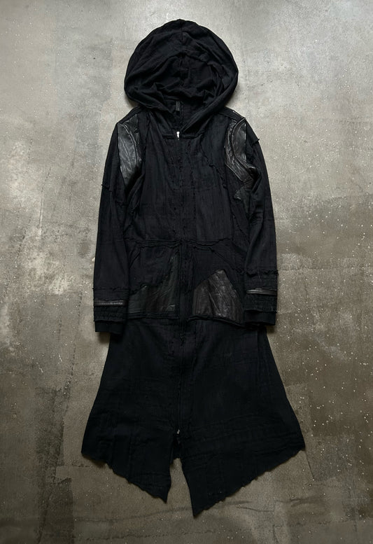 black patchwork hooded outerwear jacket