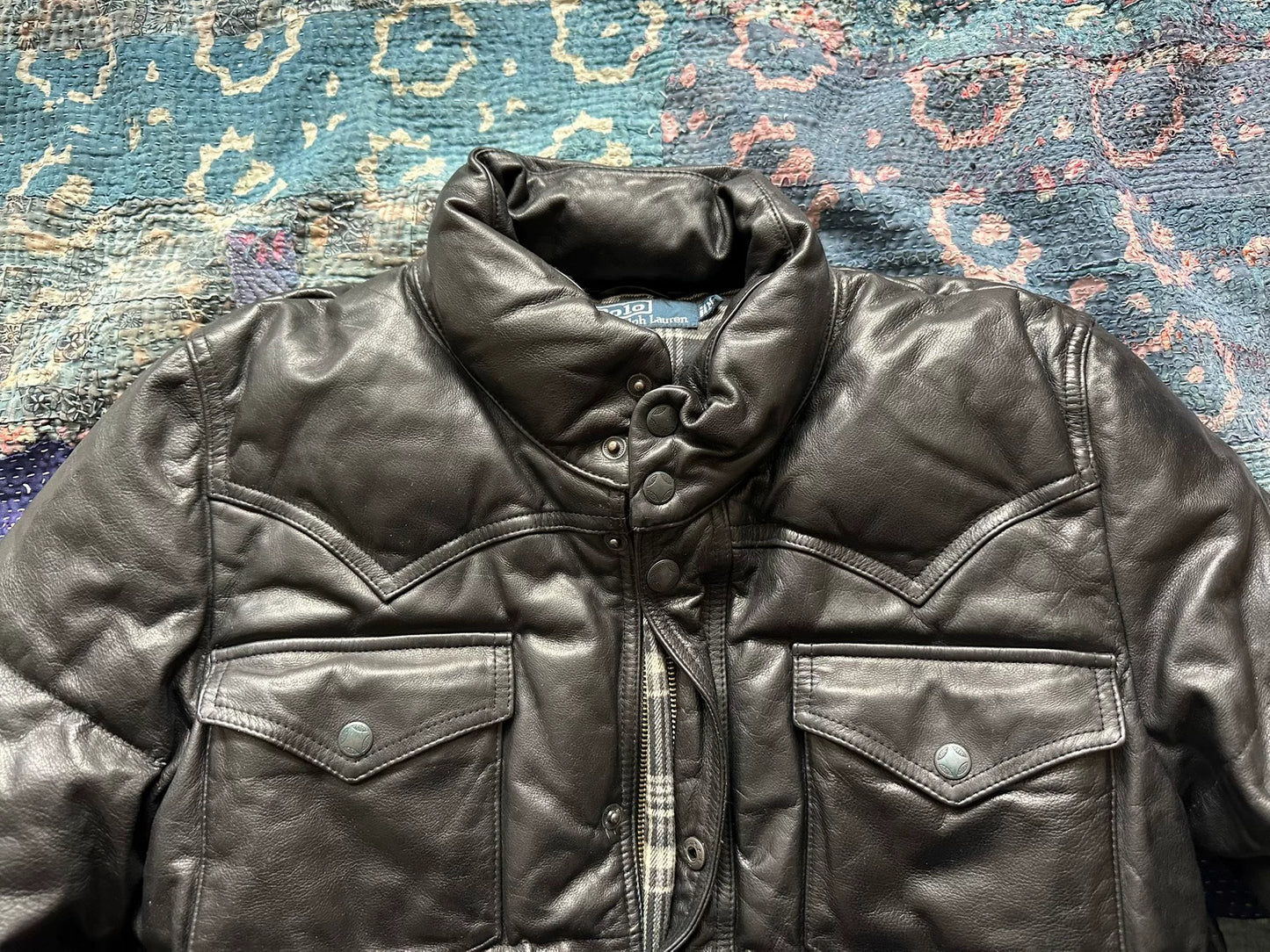 ralph lauren leather down jacket in black