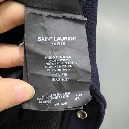 Saint Laurent Dark Blue Leather Sleeve Baseball Jacket
