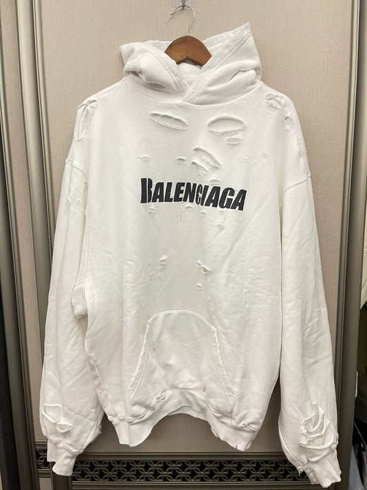 balenciaga destroyed white hoodie with logo