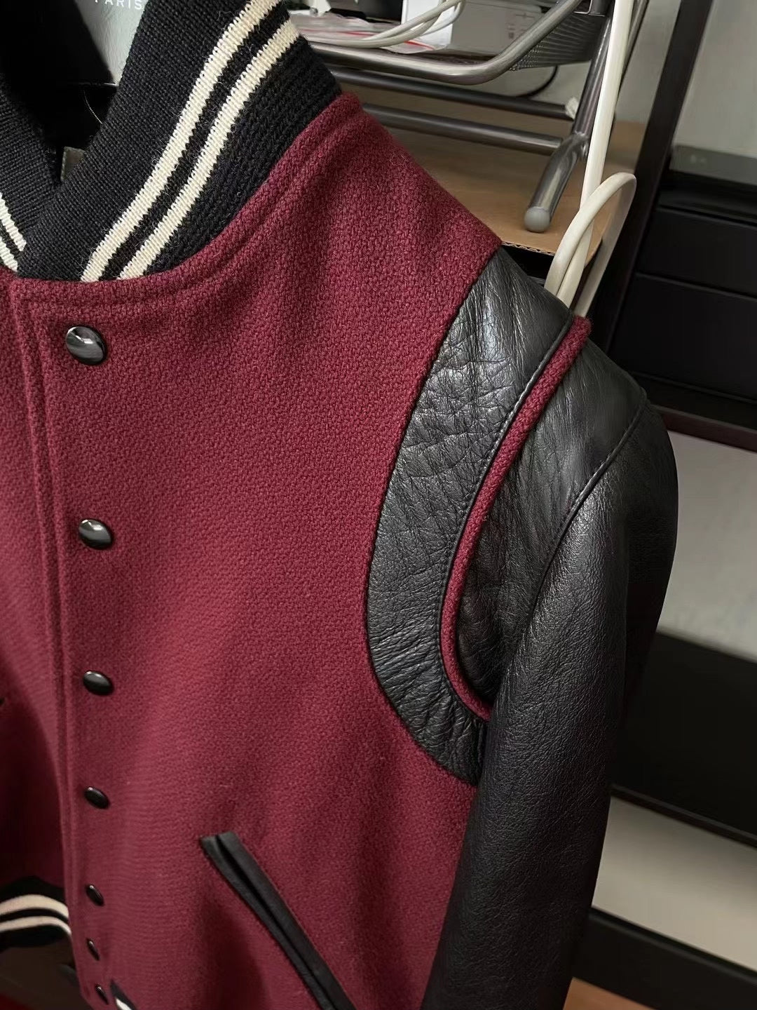 Saint Laurent Maroon Leather Sleeve Varsity Jacket