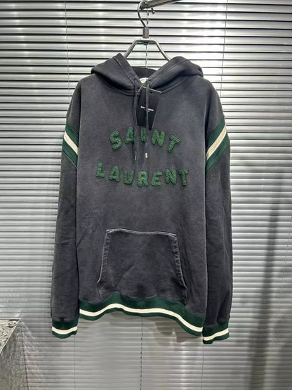Saint Laurent Gray Embroidered Striped Hoodie