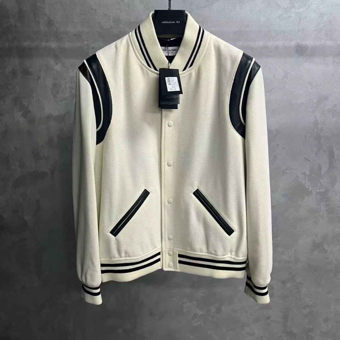 Saint Laurent White Striped Leather Sleeve Jacket