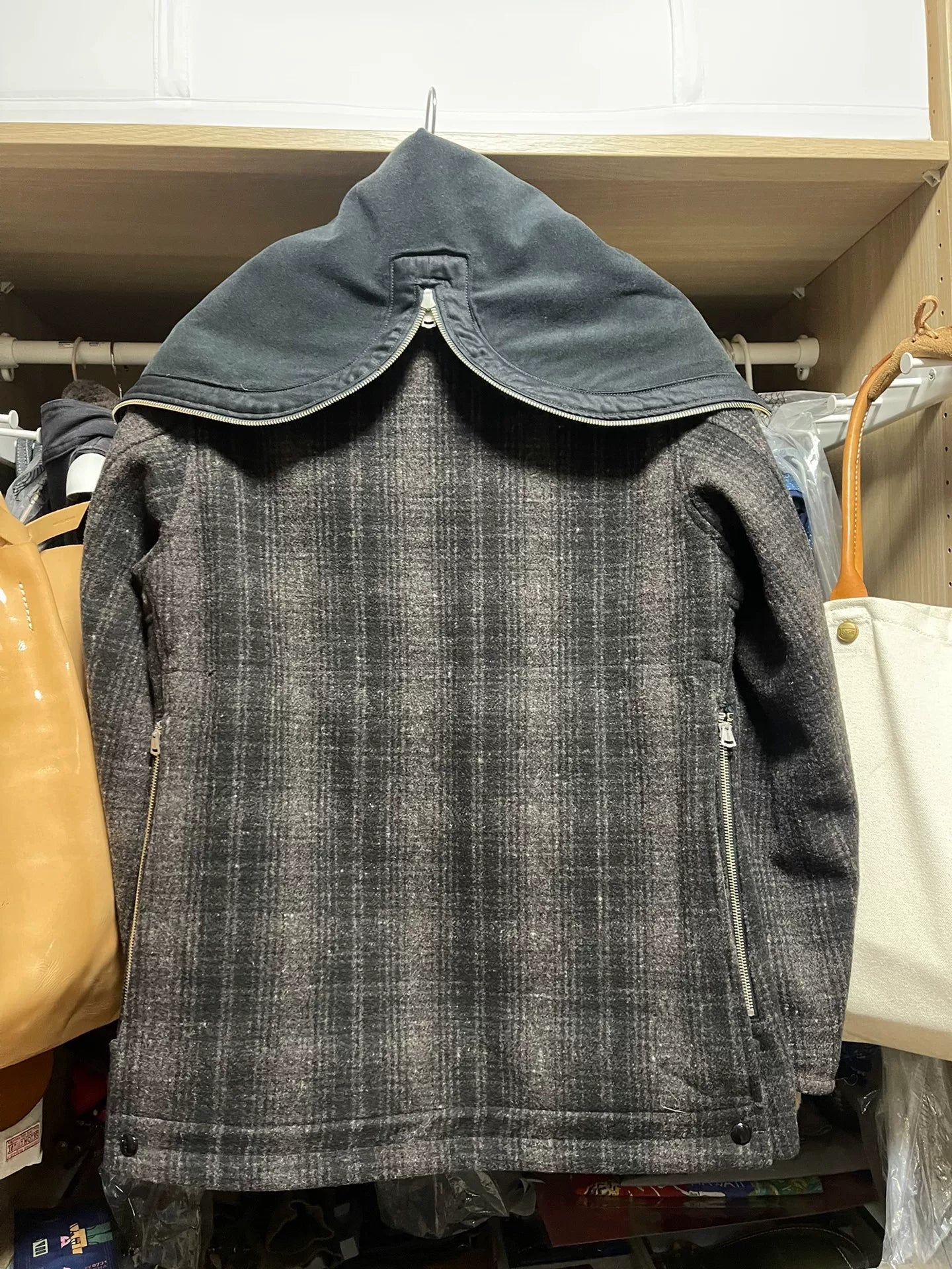 gray checkered wool hunting coat