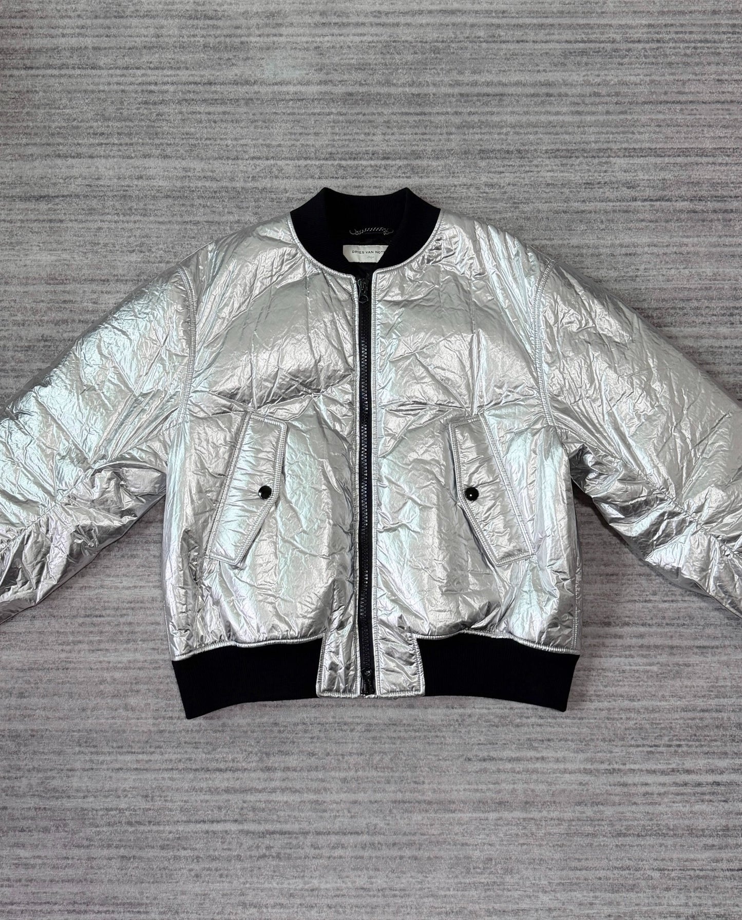silver bomber jacket with back zipper
