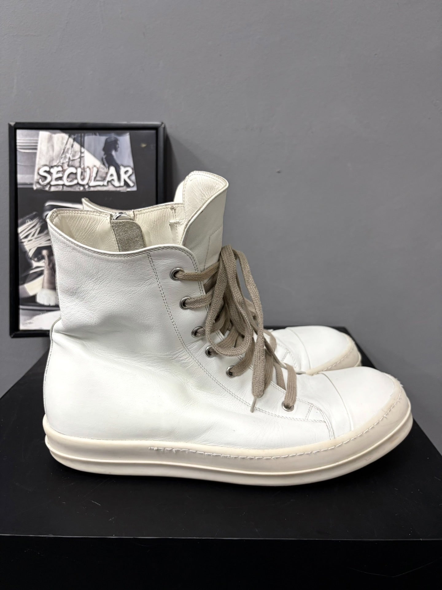 Rick Owens Leather White High-Top Sneakers