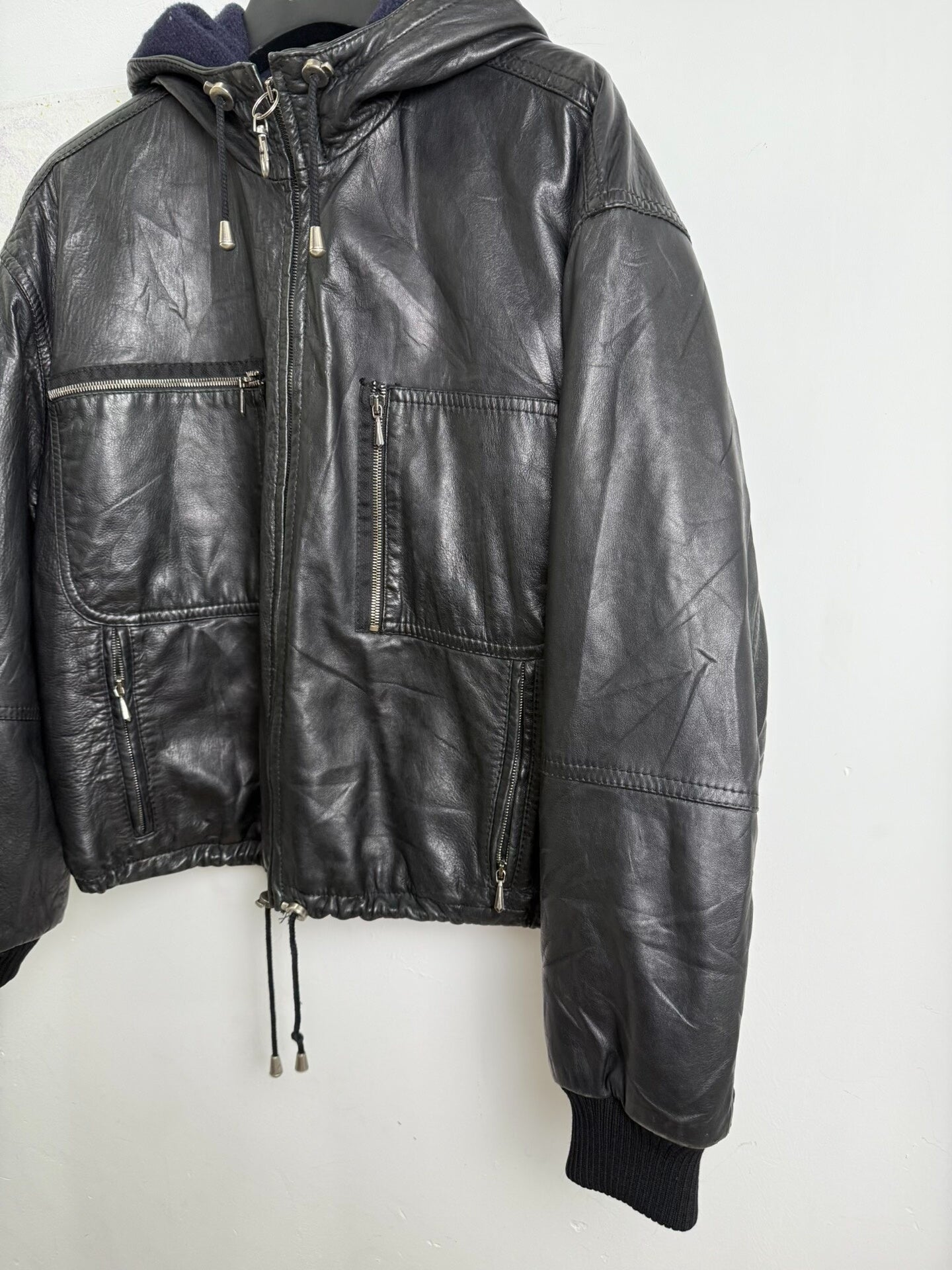black leather zip-up short jacket
