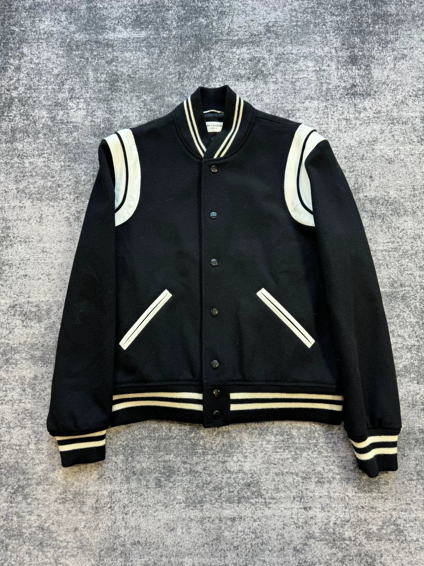 Saint Laurent Black White Leather Varsity Jacket