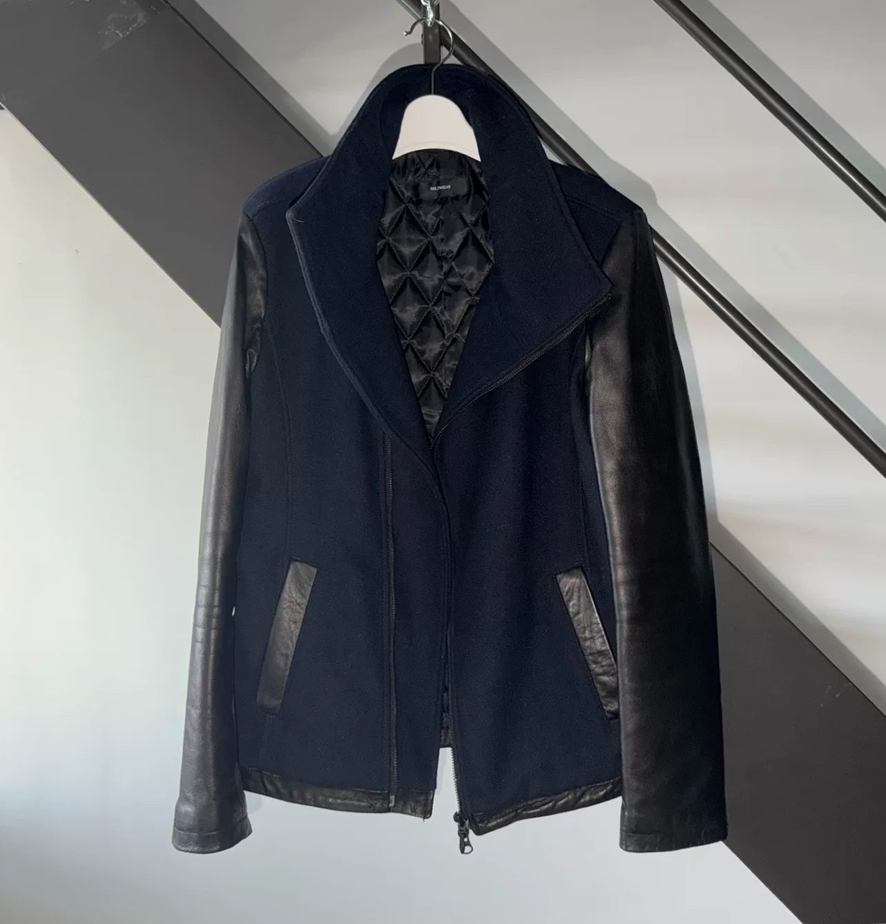 Flap Collar Leather Wool Jacket